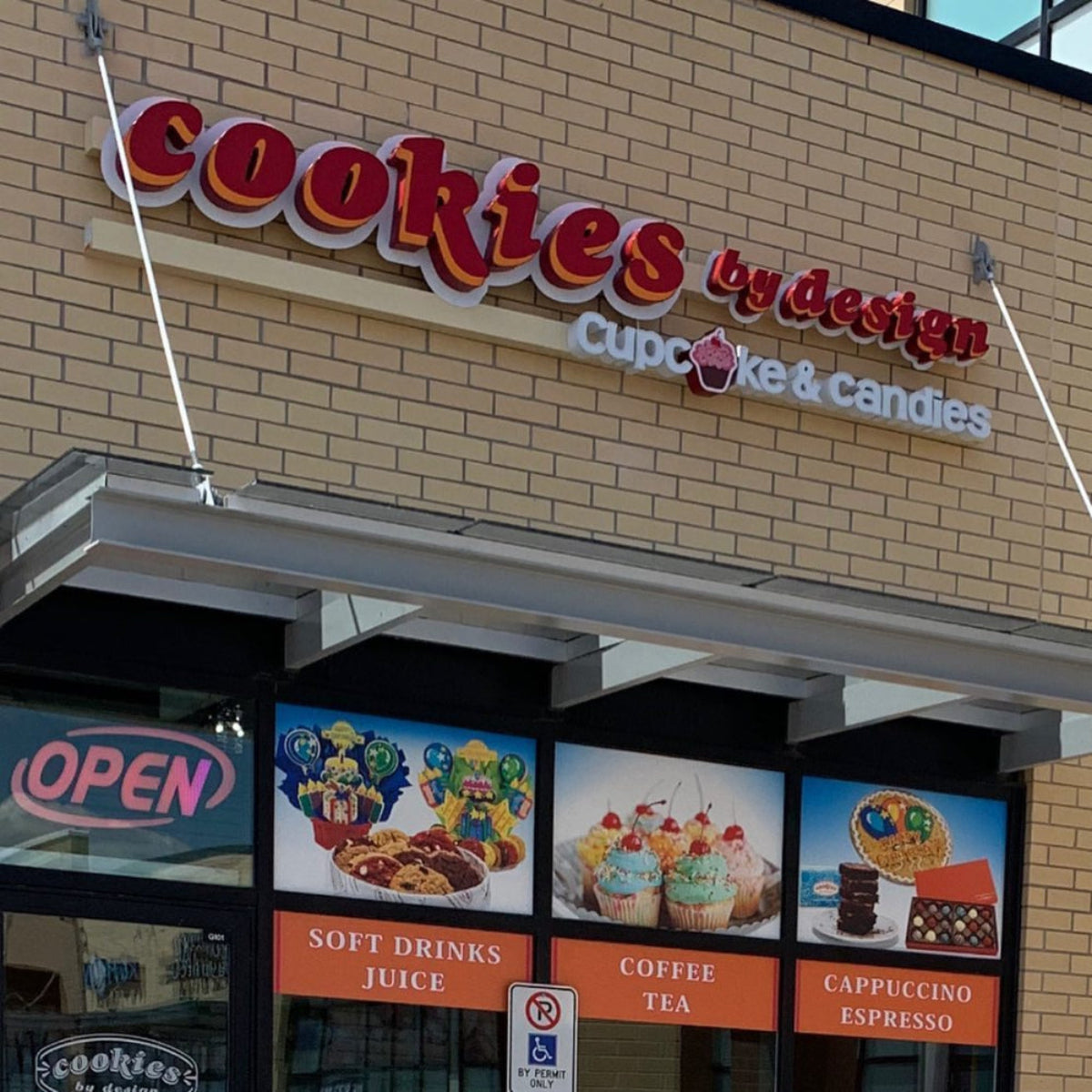 Close up of outside of the Cookies By Design Store in Brampton, Ontario, Canada.