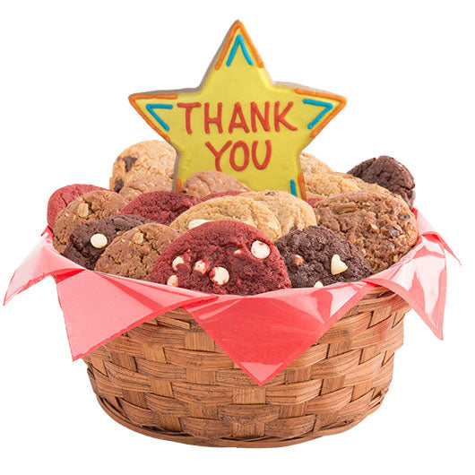 Cookies by Design wicker basket with 1 dozen gourmet cookies and 1 full size star cookie.