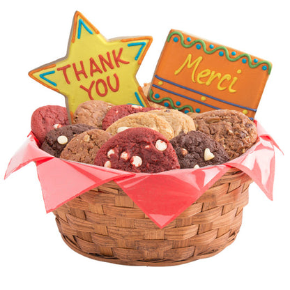 Cookies by Design wicker basket with 1 dozen gourmet cookies and 2 full size star cookie